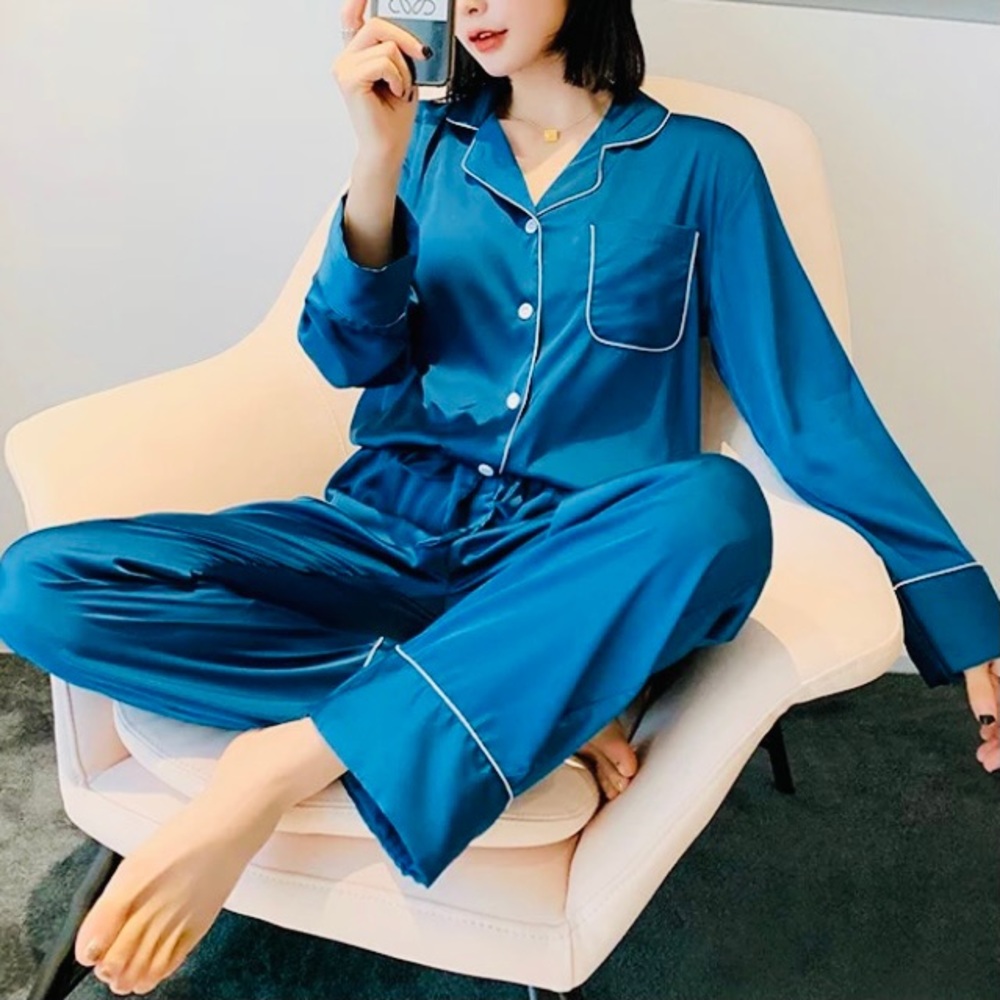 New! Peacock Blue Silky Satin Pajama Set